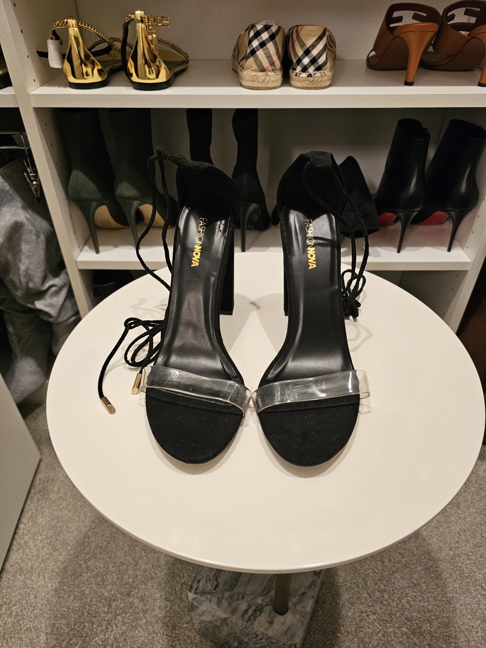 Fashion Nova Black Block Heel Sandals with Clear Toe Strap and Lace-Up Ankle